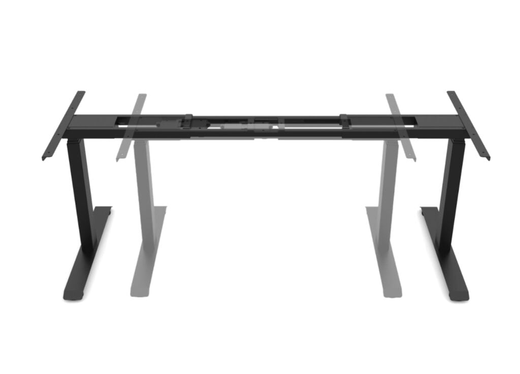 Desk with extendable frame for customizable tabletops.