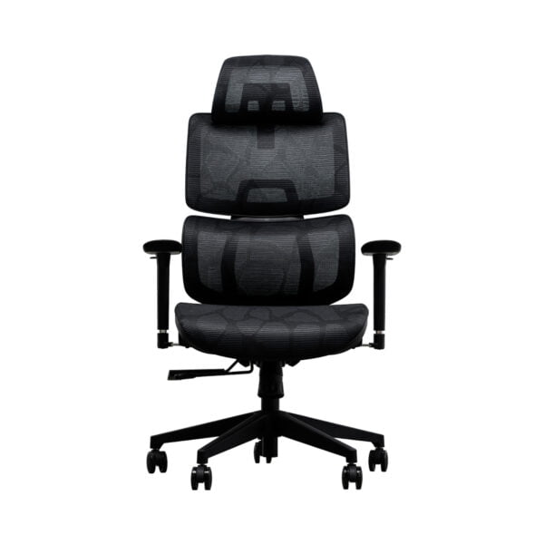 A black office chair featuring a headrest and armrests, designed for comfort and ergonomic support in a workspace.