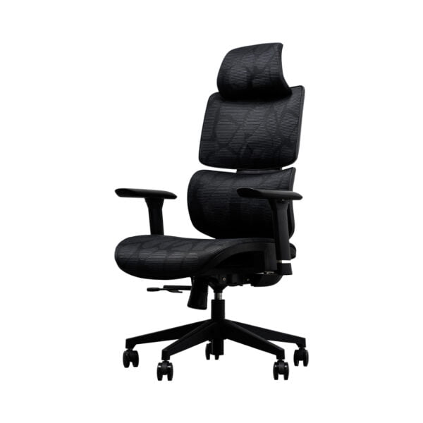 Ergonomic black office chair with a headrest and armrests, perfect for enhancing comfort during long work hours.