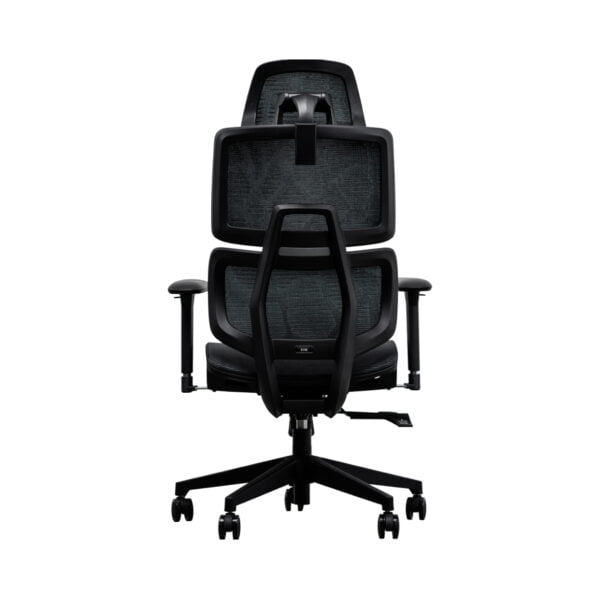 A sleek black office chair featuring a comfortable black mesh back for breathability and support.