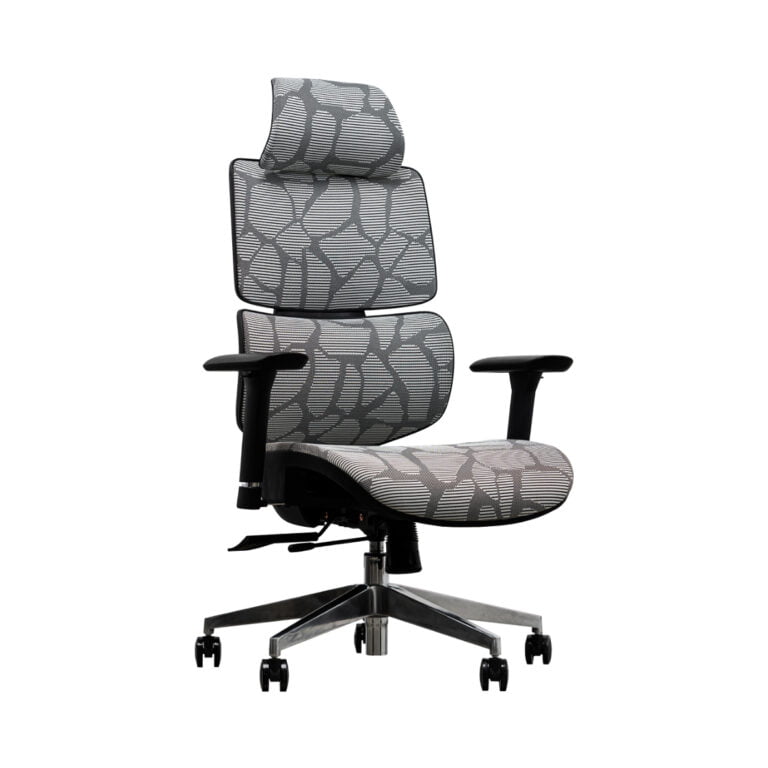 Sleek gray office chair with a trendy black and white patterned fabric, enhancing the aesthetic of any workspace.