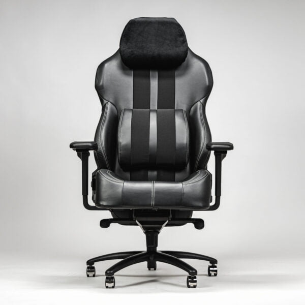 Modern black leather office chair with a supportive black leather backrest, equipped with a cordless massage feature for comfort.