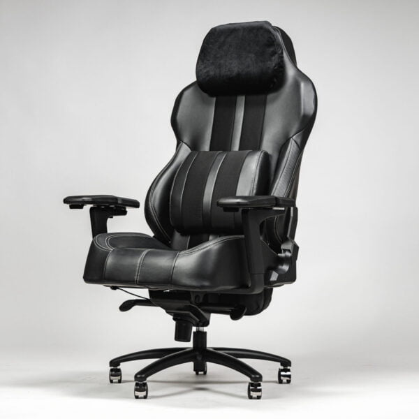 Modern black leather office chair with a supportive black leather backrest, equipped with a cordless massage feature for comfort.