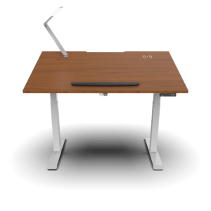 Height-Adjustable Tilt Desk with Integrated Wireless Charging and Adjustable Lighting in Warm Wood Finish and White Legs - Ergonomic Smart Desk for Enhanced Comfort and Productivity