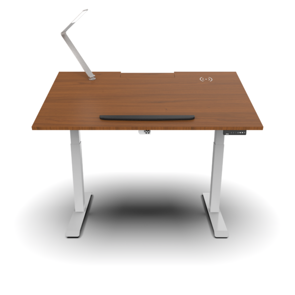 Height-Adjustable Tilt Desk with Integrated Wireless Charging and Adjustable Lighting in Warm Wood Finish and White Legs - Ergonomic Smart Desk for Enhanced Comfort and Productivity