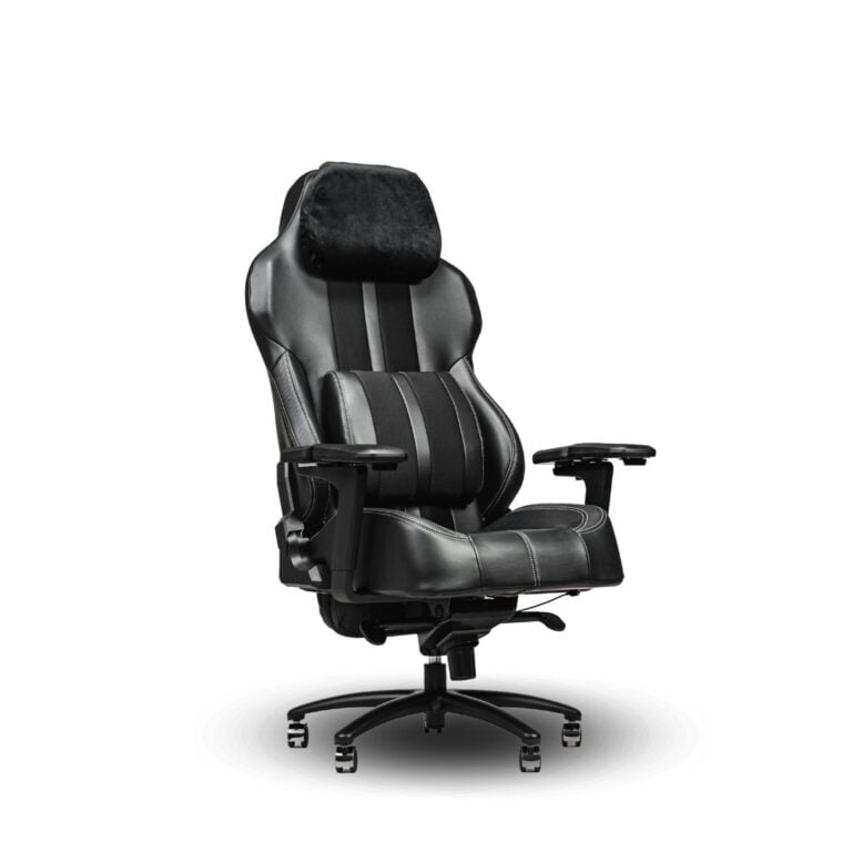 Modern black leather office chair with a supportive black leather backrest, equipped with a cordless massage feature for comfort.