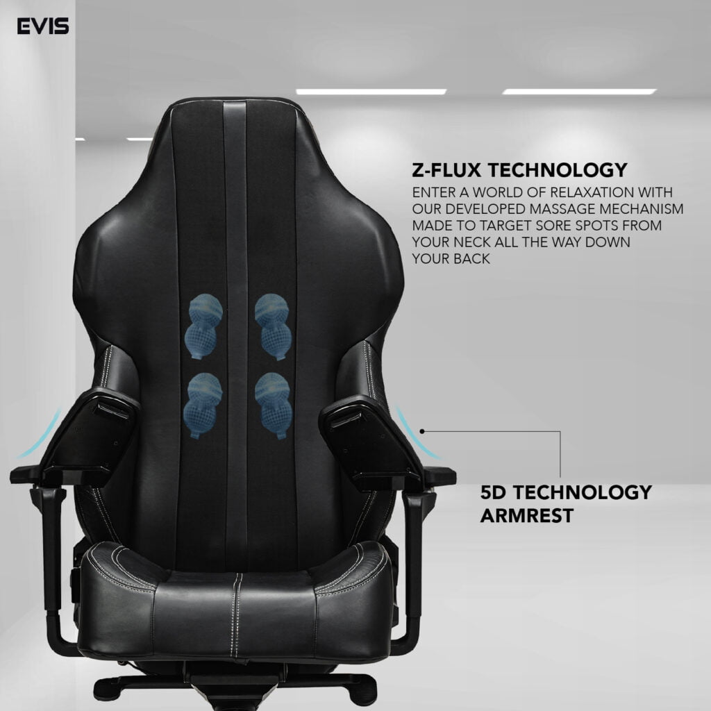 Modern black leather office chair with a supportive black leather backrest, equipped with a cordless massage feature for comfort.