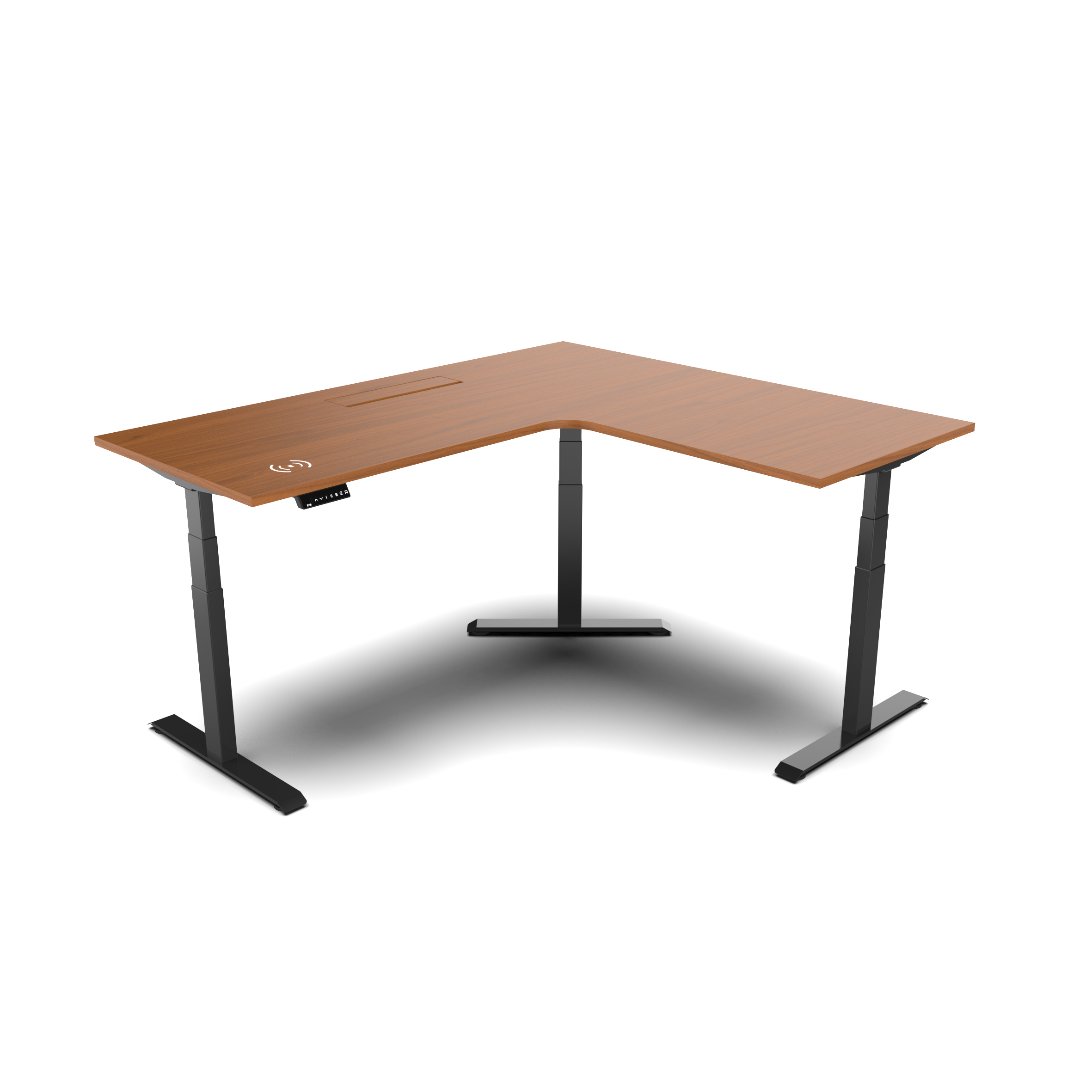 Height-Adjustable L-Shaped Desk with Warm Wood Finish and Black Legs - Ergonomic Corner Desk with Integrated Wireless Charging for Spacious Home or Office Workspaces