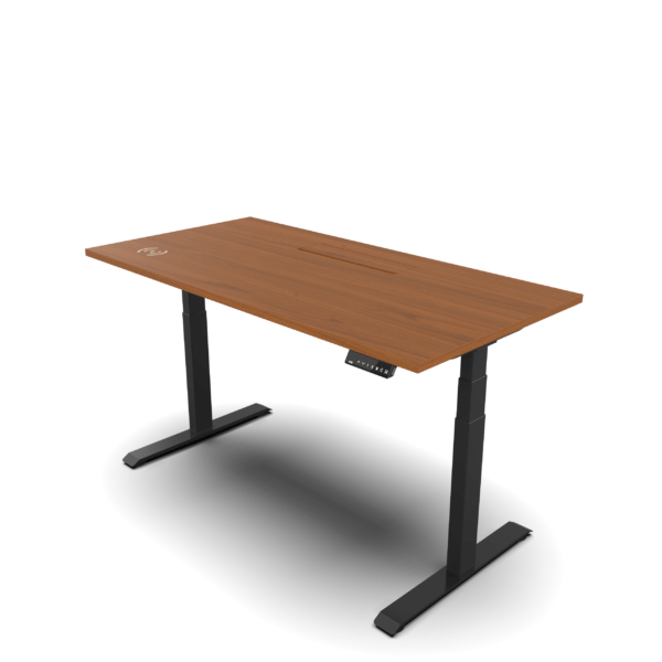 Modern standing desk with a polished wooden surface and sturdy black legs, ideal for ergonomic work setups