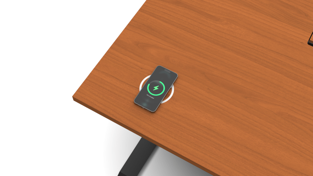 Wooden Evis Smart Desk with a built-in wireless charging pad charging a smartphone, highlighting the desk's ergonomic design and smart technology integration.